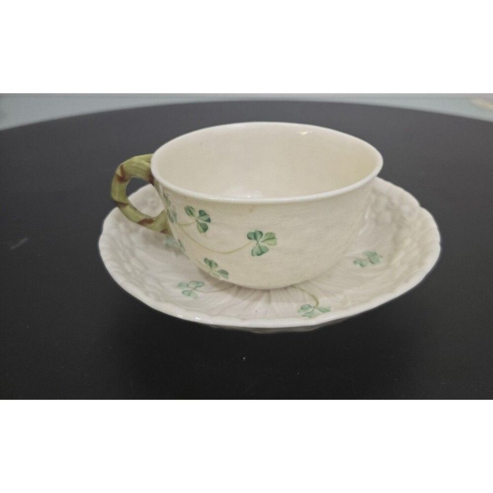 Belleek Shamrock Teacup Saucer Set Ireland Hairline Crack